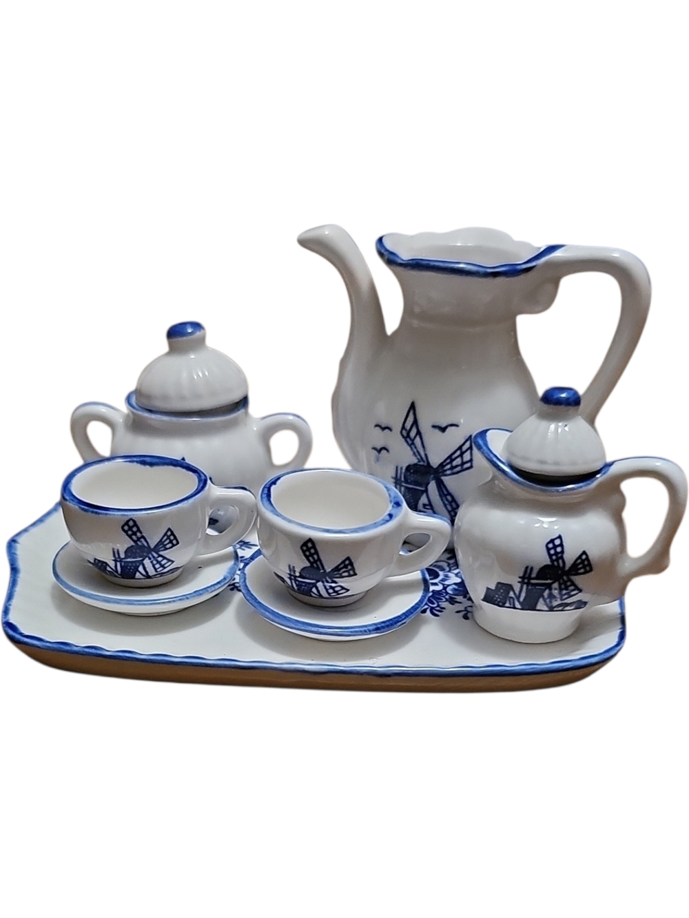 Vintage Collectible Mini White Ceramic Tea Set with Delft Blue Windmill Design